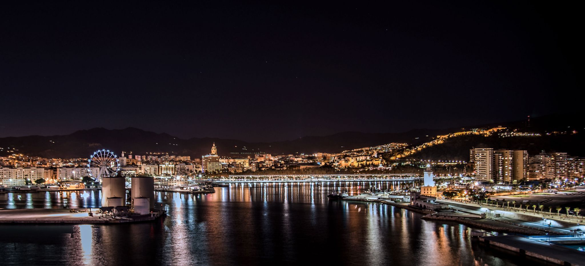 Malaga At Night From Cruise, Spain