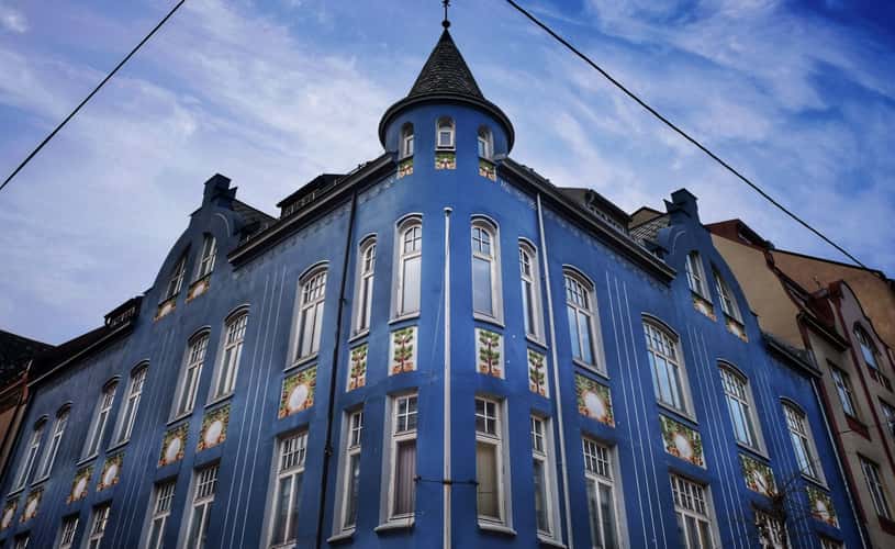 Blue art nouveau building in downtown Ålesund