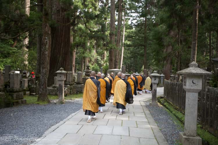 Monks walking through the Okunoin Cemetery Koyasan