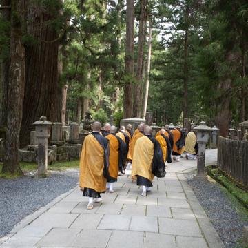 Monks walking through the Okunoin Cemetery Koyasan, Japan
