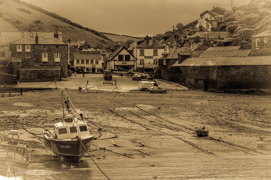 Port Isaac low tide sepia, United Kingdom
