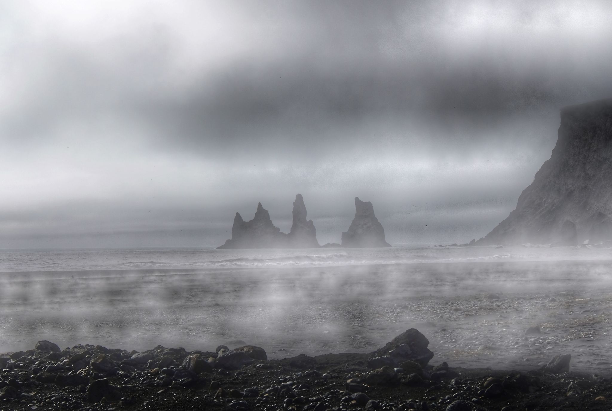 Reynisdrangar, the black basalt sea stacks near Vik, Iceland