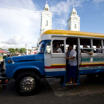 School bus and church Savai'i Samoa, Samoa