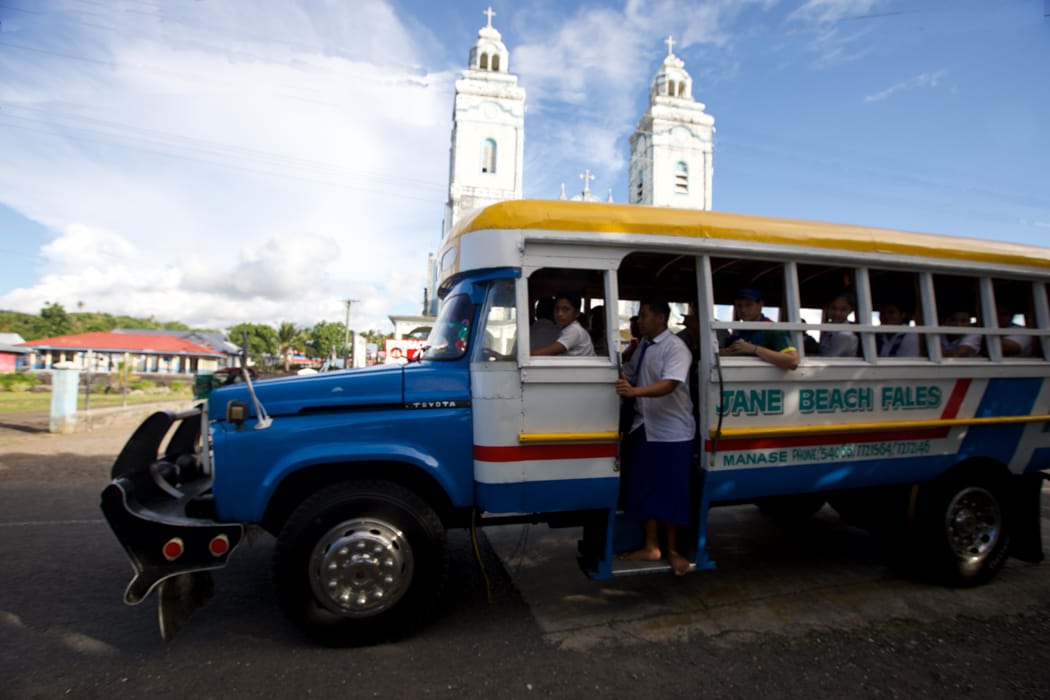 School bus and church Savai'i Samoa, Samoa