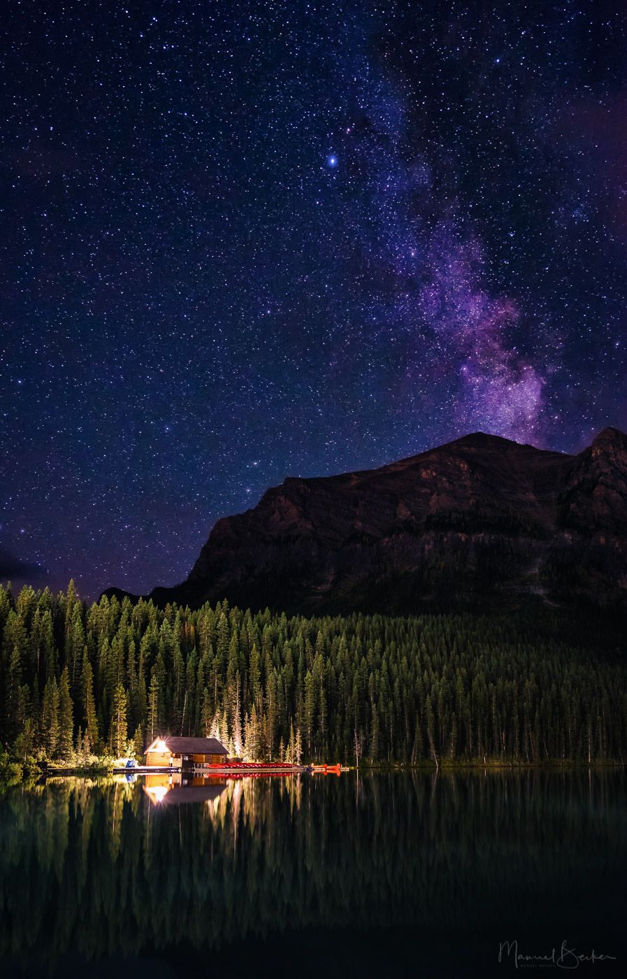 Lakeside view towards Canoe Cabin at Lake Louise, Banff, Canada