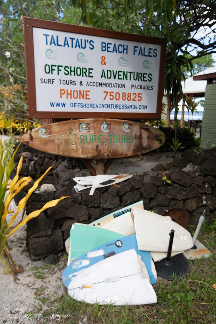Talatau's Beach Fales broken surf boards, Samoa