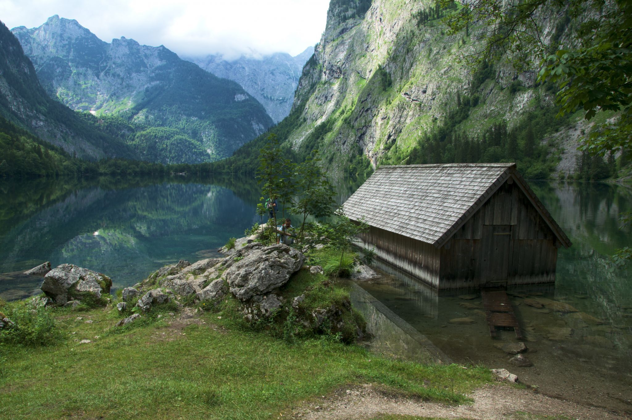 Wooden fisher hut in Obersee, Bavarian Alps, Germany