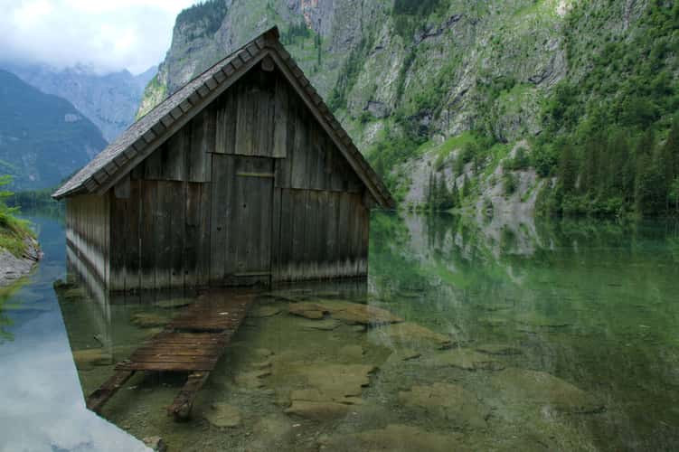 Wooden fisher hut in Obersee, Bavarian Alps