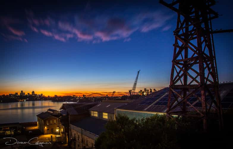 Cockatoo Island Sunrise with Harbour Bridges Sydney Harbour