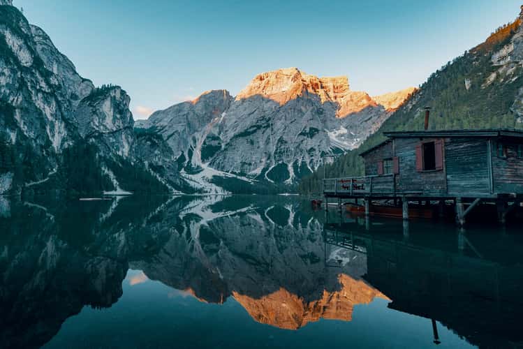 Wooden house on Lago Braies in Dolomites