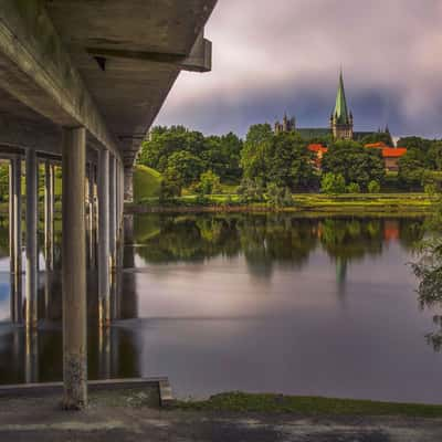 View of Nidarosdom over Nidelva River, Trondheim, Norway