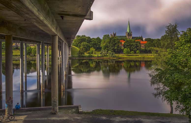 View of Nidarosdom over Nidelva River, Trondheim