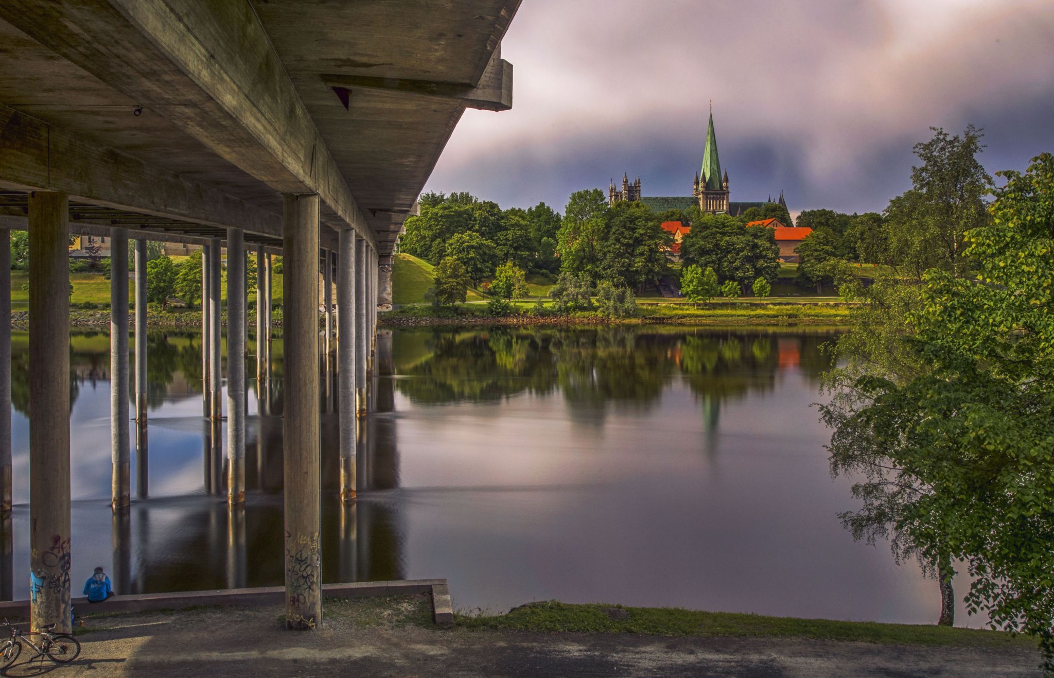 View of Nidarosdom over Nidelva River, Trondheim, Norway