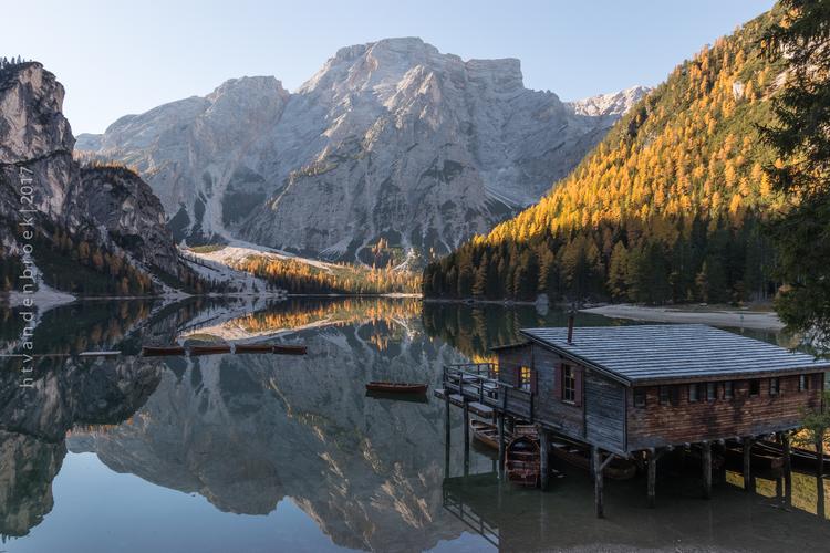 Wooden house on Lago Braies in Dolomites