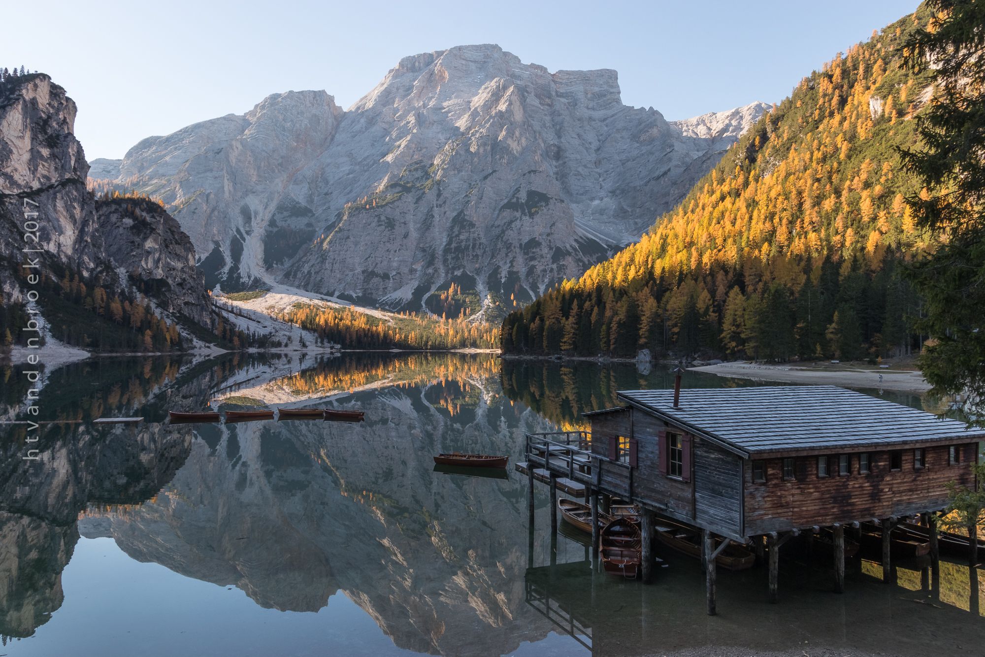 Wooden house on Lago Braies in Dolomites, Italy
