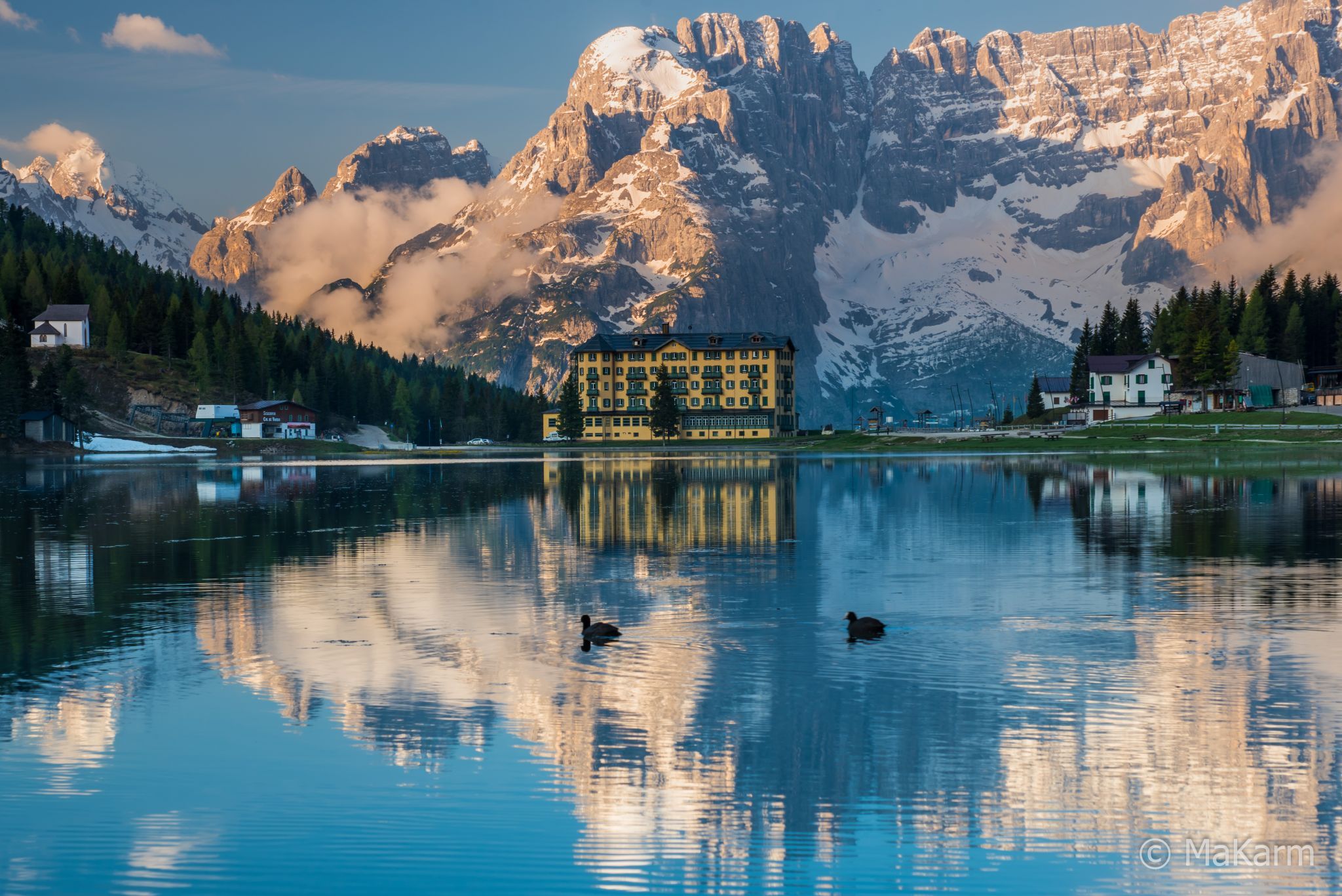 Hotel at Lake Misurina, Dolomites, Italy