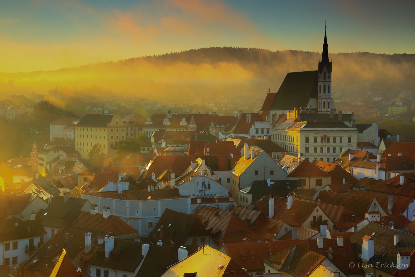 Overlook of city at sunrise, Czech Republic