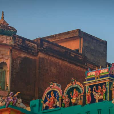 Statues along the buildings on the Ganges Varanasi, India