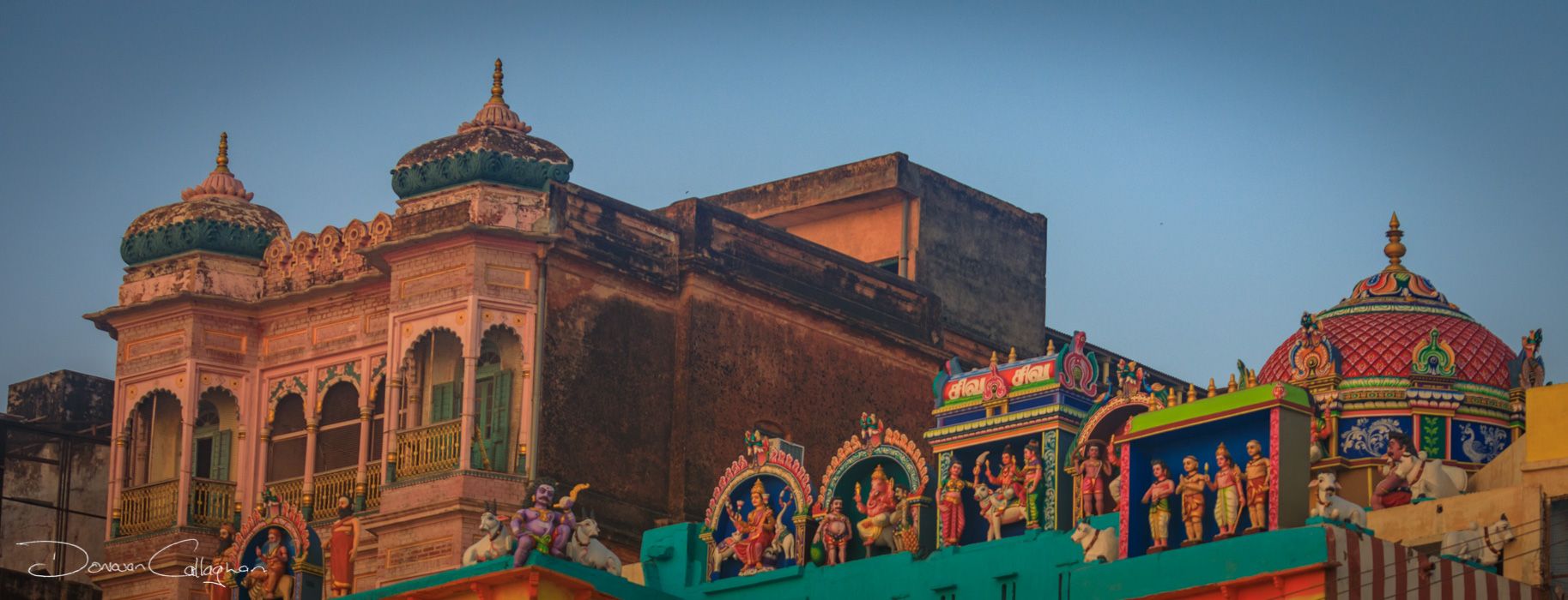 Statues along the buildings on the Ganges Varanasi, India