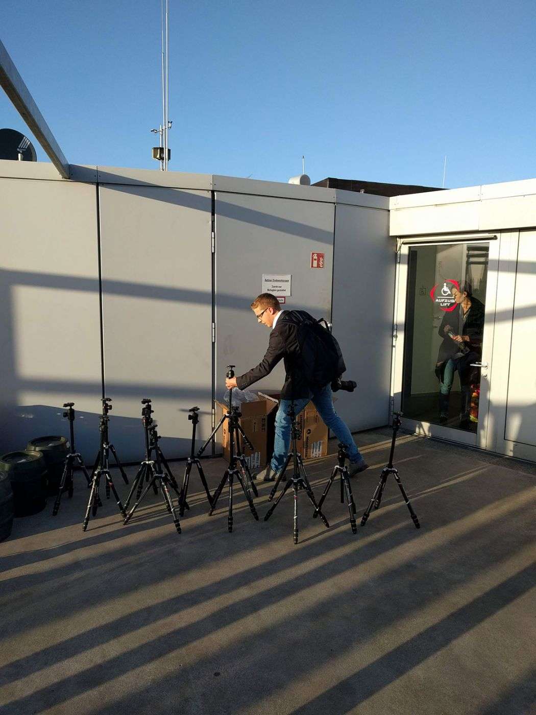 Setting up the Manfrotto tripods before the event.