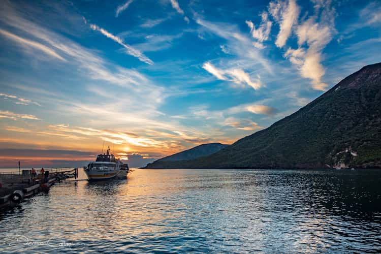 Docking at island of Vulcano sunrise