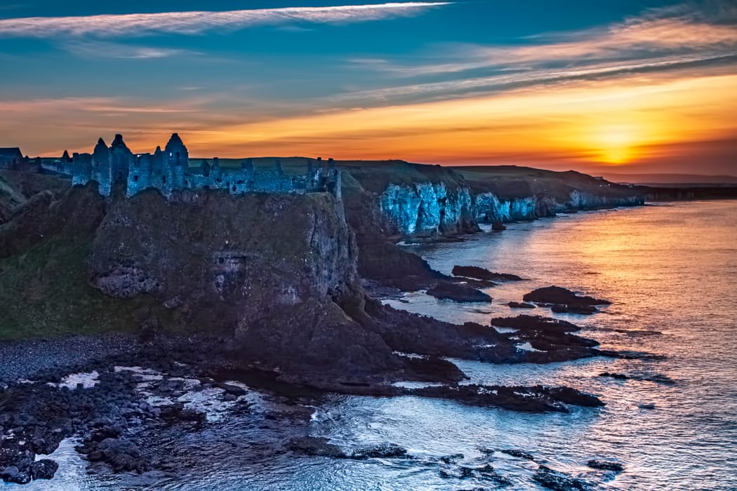Dunlace Castle sunset County Antrim Northen Ireland, United Kingdom