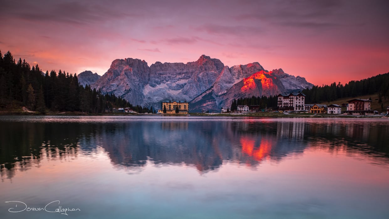 Lake Misurina Sunrise red rock Dolomites, Italy