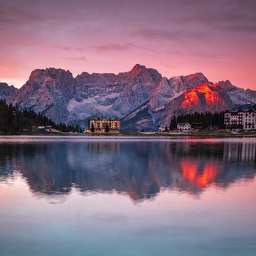 Lake Misurina Sunrise red rock Dolomites, Italy