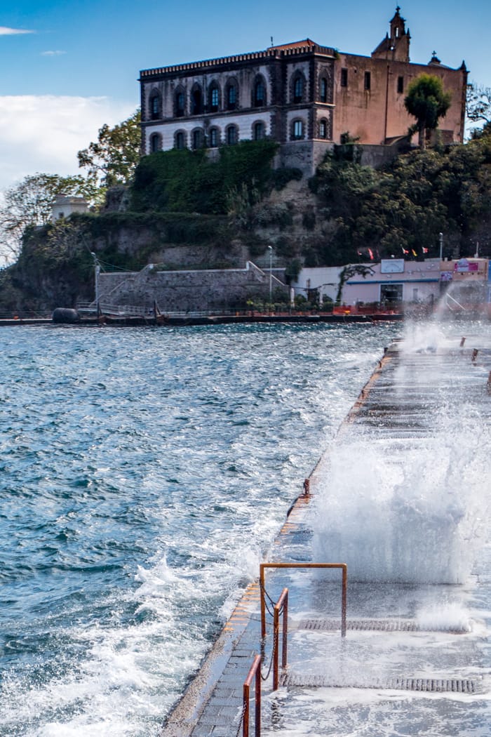 Lipari Castle waterfront spray, Italy
