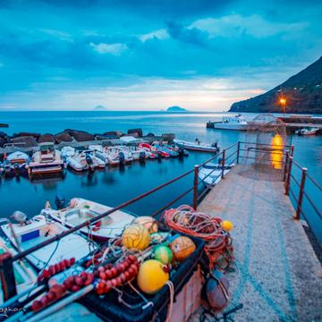 Malfa fishing boats at sunrise Salina, Italy