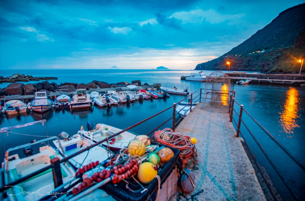 Malfa fishing boats at sunrise Salina, Italy