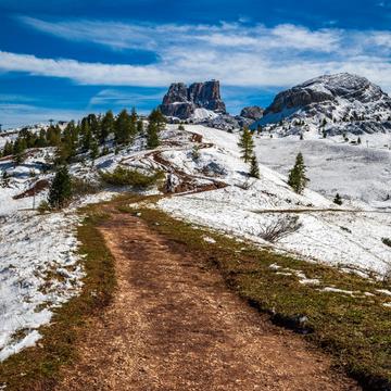 Passo falzarego track to mountain Dolomites, Italy