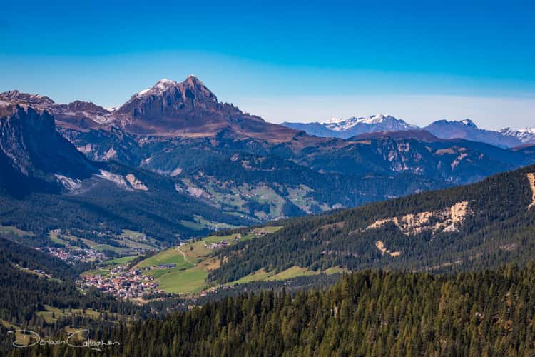 Passo falzarego view of village from the top Dolomites