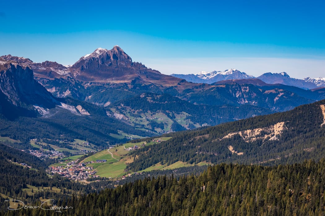 Passo falzarego view of village from the top Dolomites, Italy