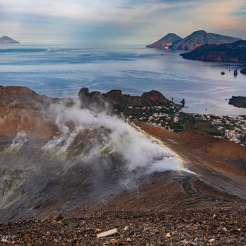 The crater and sulphur gas Volcano on Vulcano, Italy