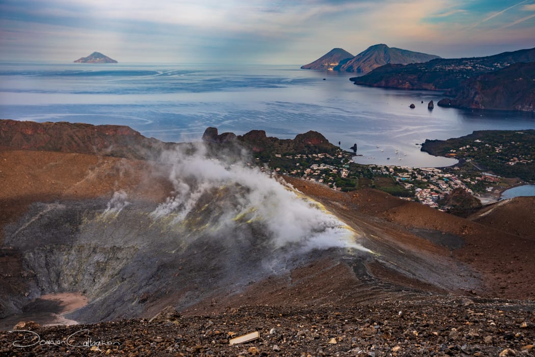 The crater and sulphur gas Volcano on Vulcano, Italy