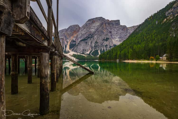 Wooden house on Lago Braies in Dolomites