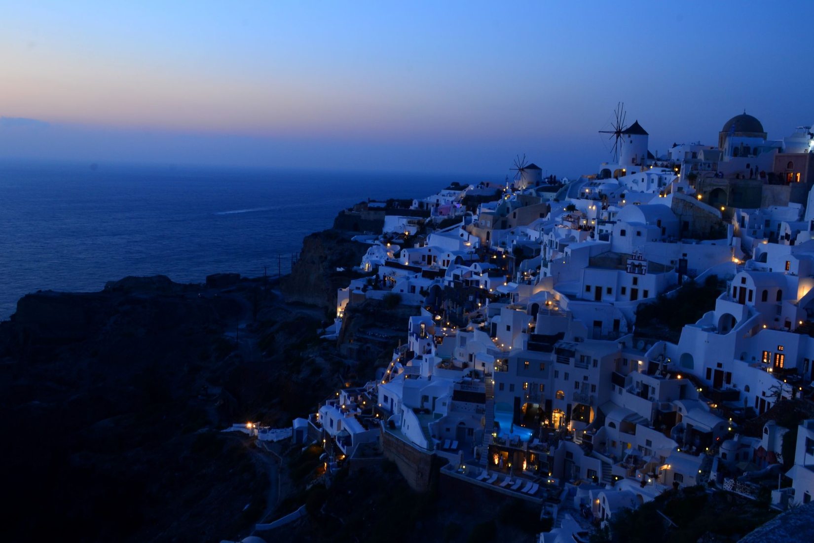 Blue Hour of OIA Town from Castle Ruin, Greece