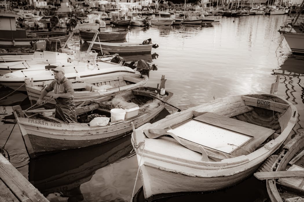 Fisherman Palermo harbour B&W Sicily, Italy