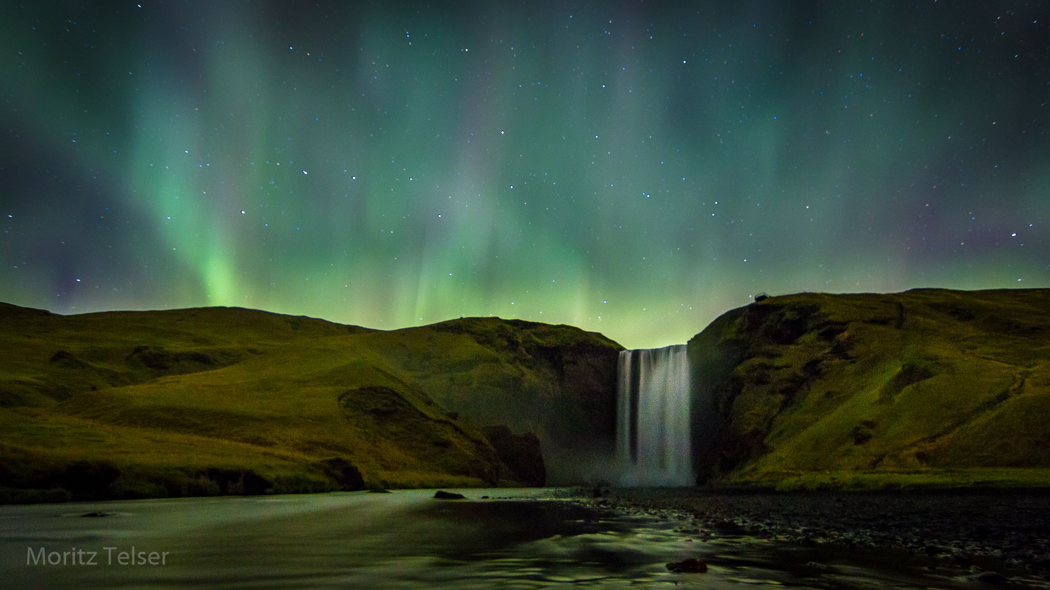 Skogafoss waterfall at night, Iceland