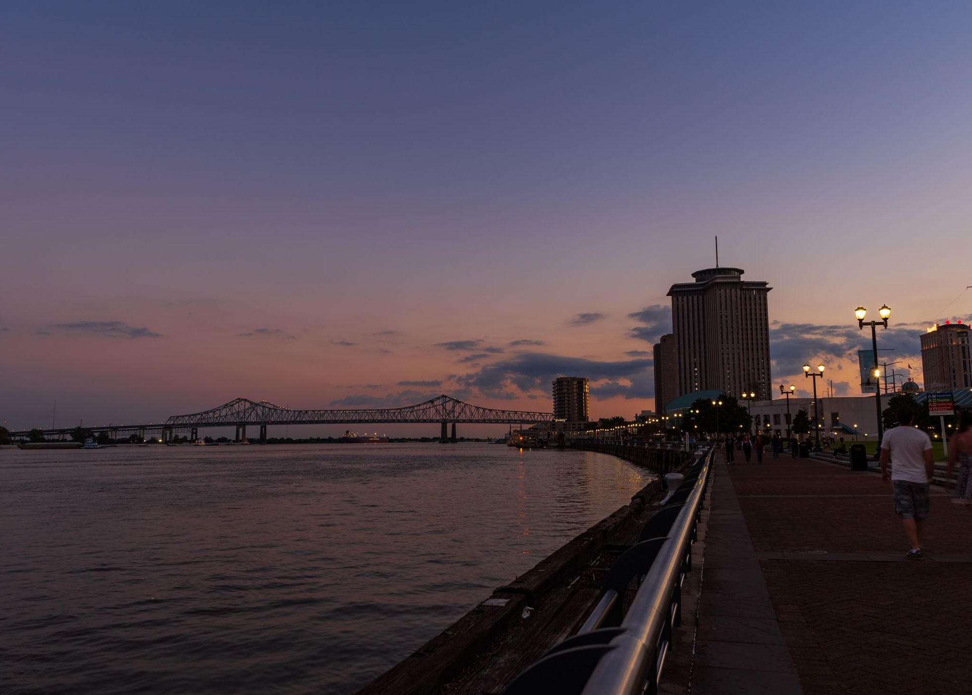 View of Crescent City Connection bridge from Woldenberg Park, USA