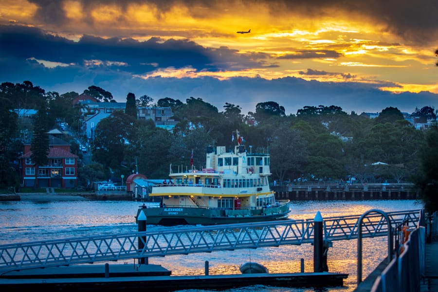 Ballast Point Ferry Arriving Plane Landing sunset, Sydney, Australia
