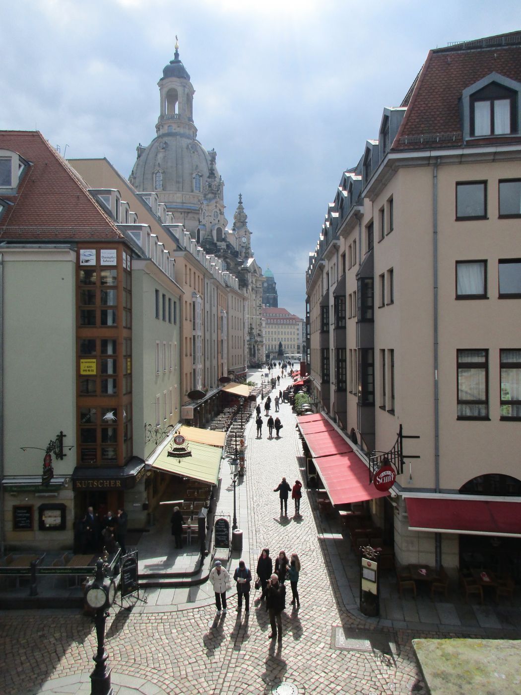 View into Münzgasse, Frauenkirche at day and night, Germany