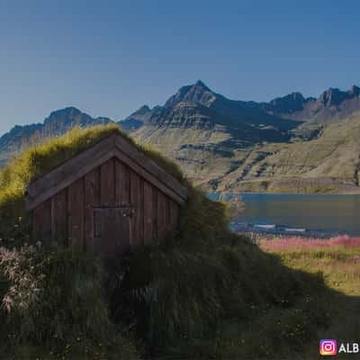 Fisherman's hut in an Icelandic fjord, Iceland