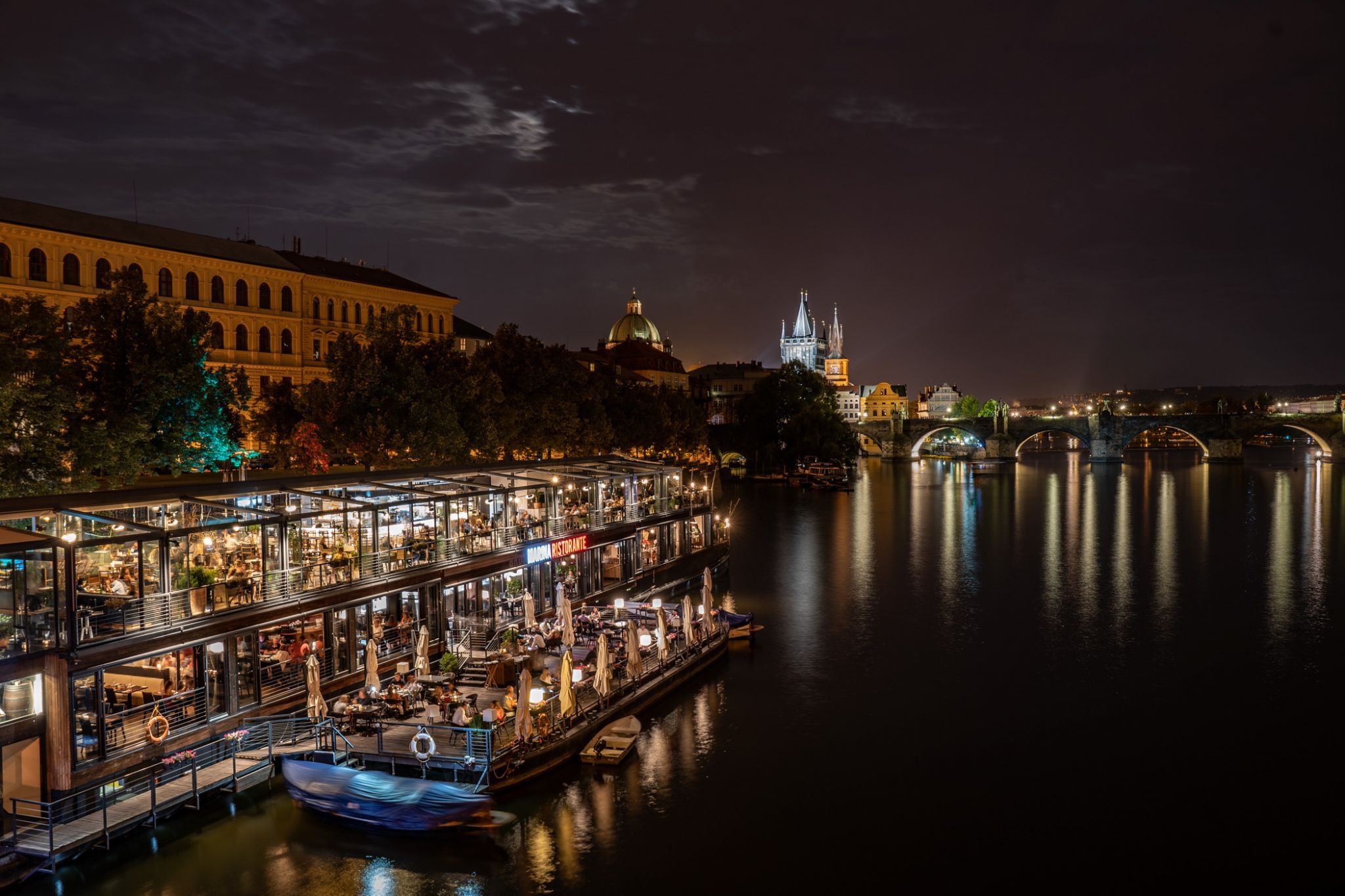 View of Charles bridge and Marina Restaurant, Czech Republic