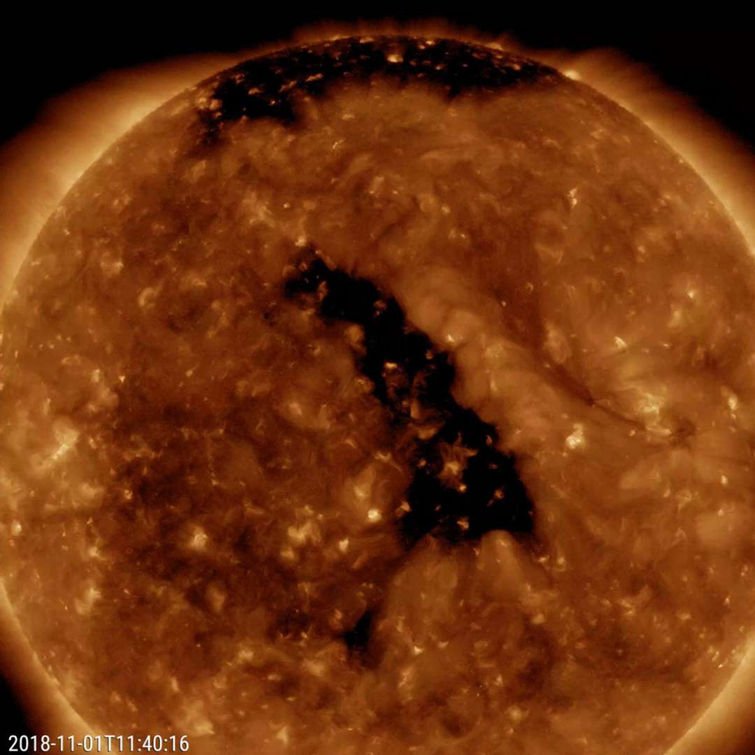 Dark regions are coronal holes. (Video still credit: NASA/GSFC/Solar Dynamics Observatory)