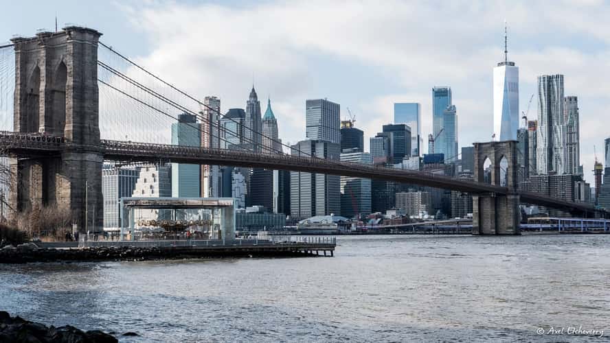 Brooklyn Bridge skyline from Pebble Beach, New York City