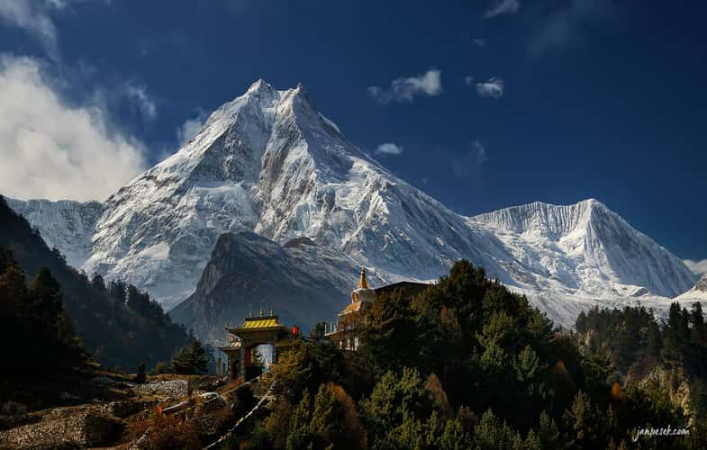 Buddhist temple in Lho and east face of Manaslu