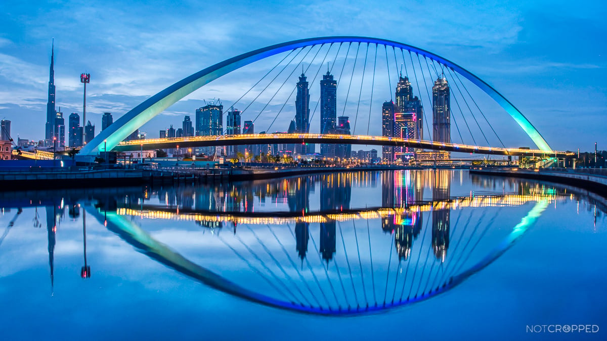 Dubai Water Canal with the Tolerance Bridge, United Arab Emirates