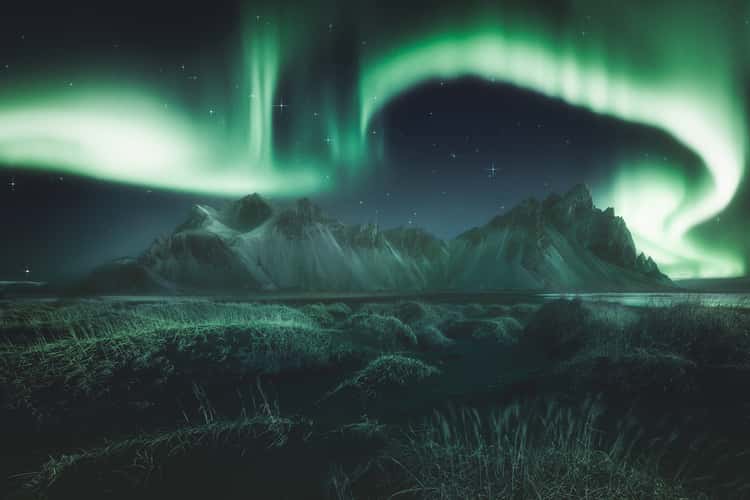 Northern Lights over Vestrahorn Mountain from Stokksnes